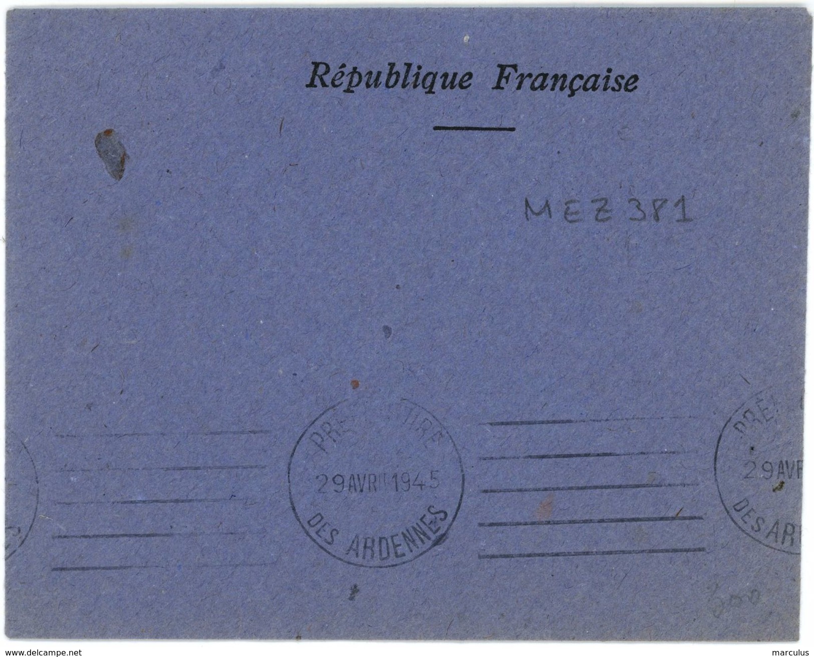 PRÉFECTURE DES ARDENNES  29 Avril 1945  Très Rare KRAG 5 Lignes Droites - Maschinenstempel (Werbestempel)