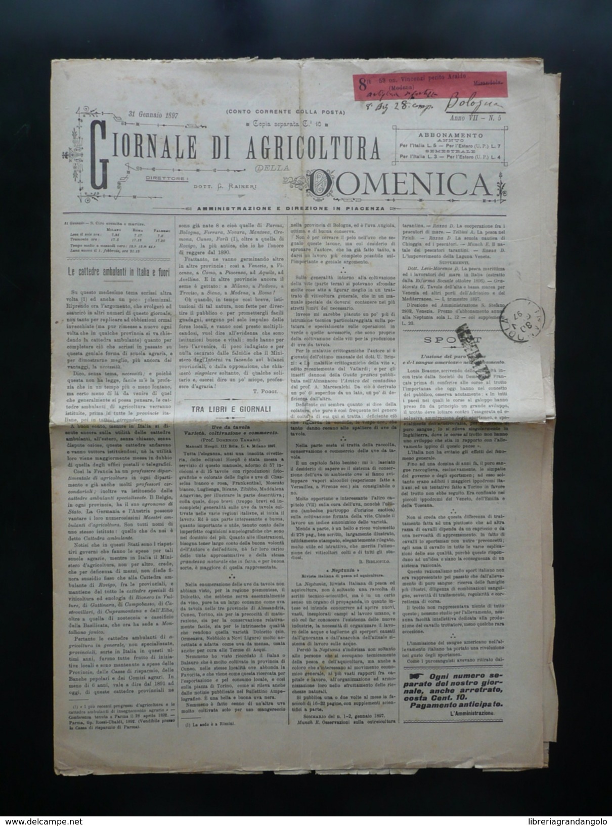 Giornale Di Agricoltura Della Domenica N.5 31/1/1897 La Nuova Cantina Di Pianosa - Zonder Classificatie