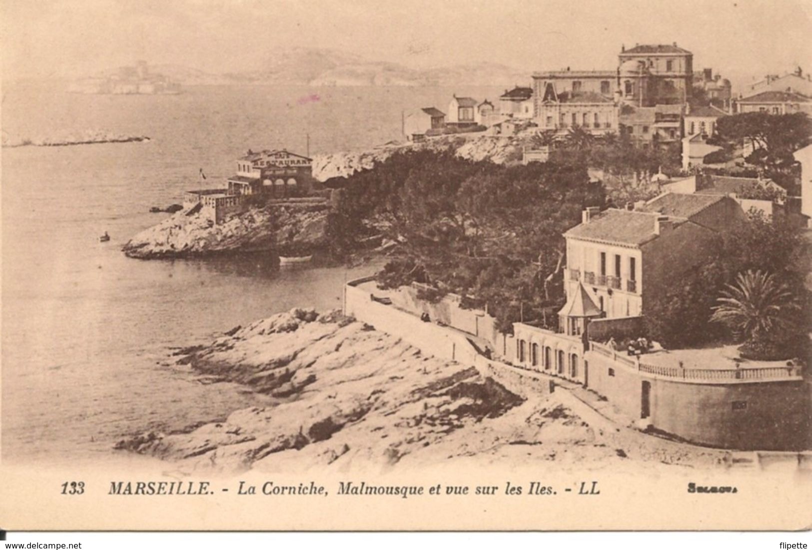 L100C347 - Marseille - La Corniche, Malmousque Et Vue Sur Les Iles  -  Selecta  N°133 - Endoume, Roucas, Corniche, Plages