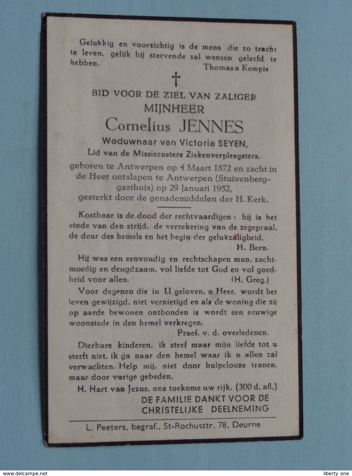 DP Cornelius JENNES ( Seyen ) Antwerpen 4 Maart 1872 - 29 Jan 1952 ! - Décès