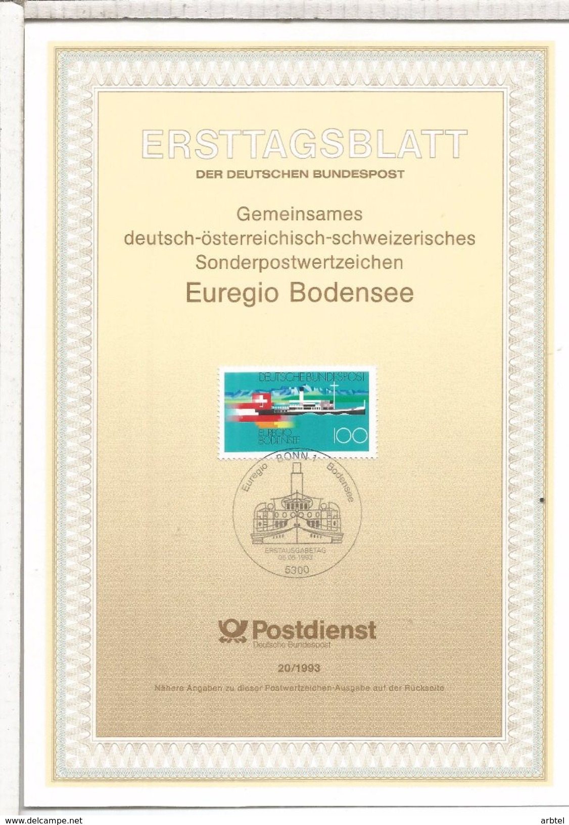 ALEMANIA DOCUMENTO MAT PRIMER DIA EUROREGIO BODENSEE BANDERA BARCO - Covers