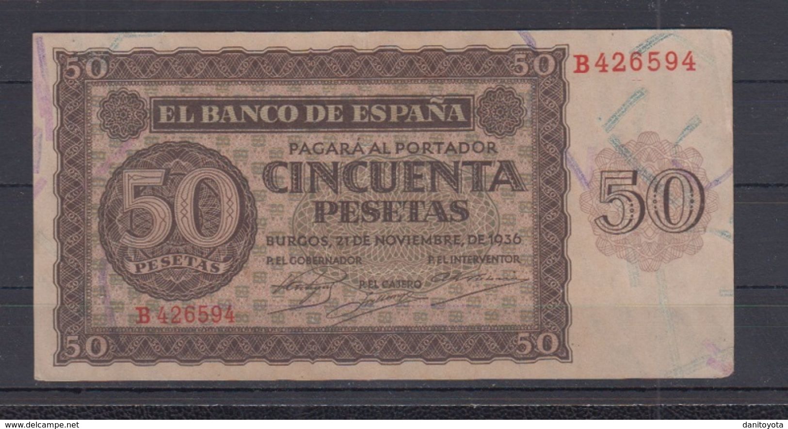 EDIFIL 420.   50 PTAS 21 DE NOVIEMBRE DE 1936 SERIE B. CONSERVACIÓN MBC+ - 50 Pesetas