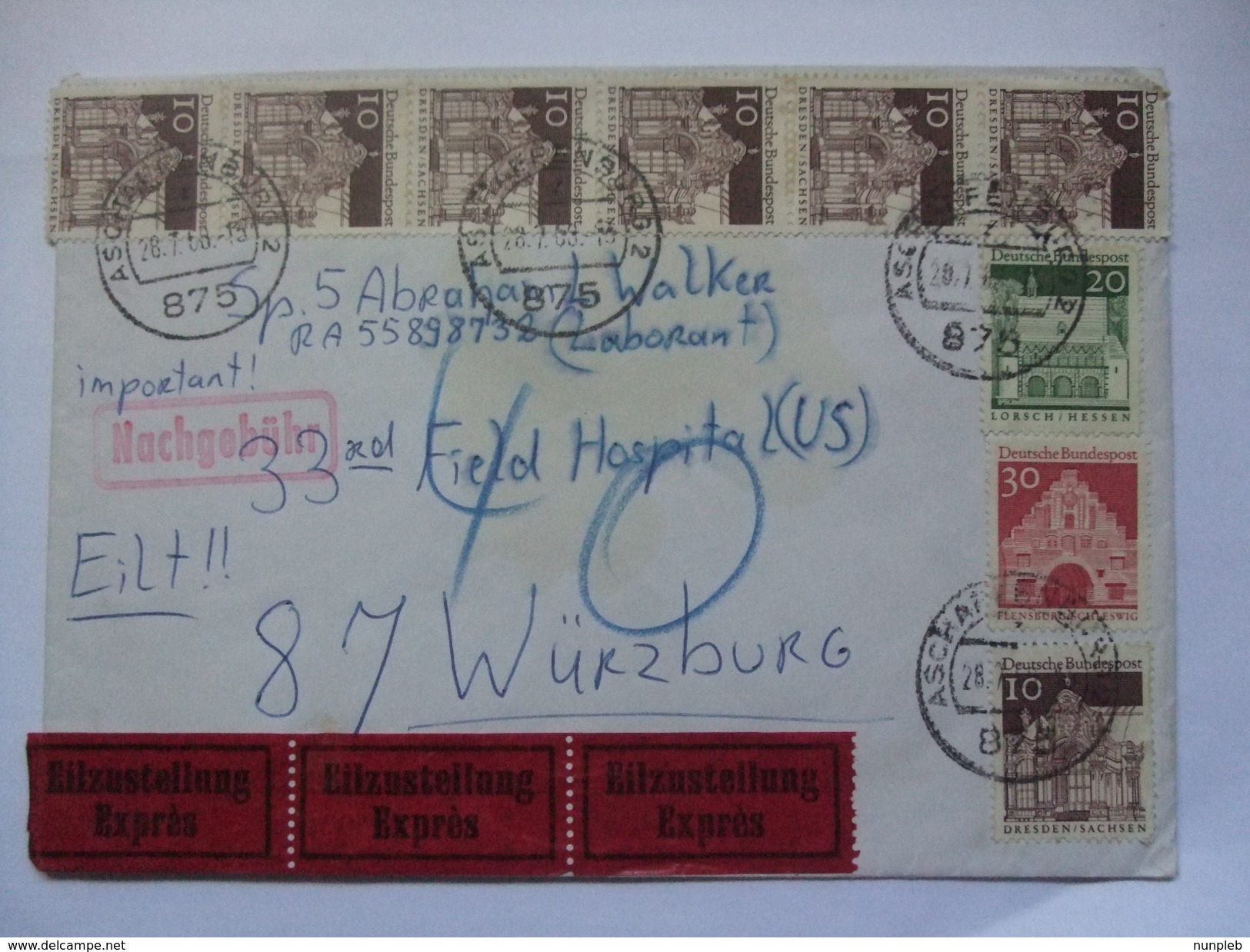 GERMANY 1968 Expres Cover With Nachgebuhr Cachet Aschaffenburg To Wurzburg - Covers & Documents