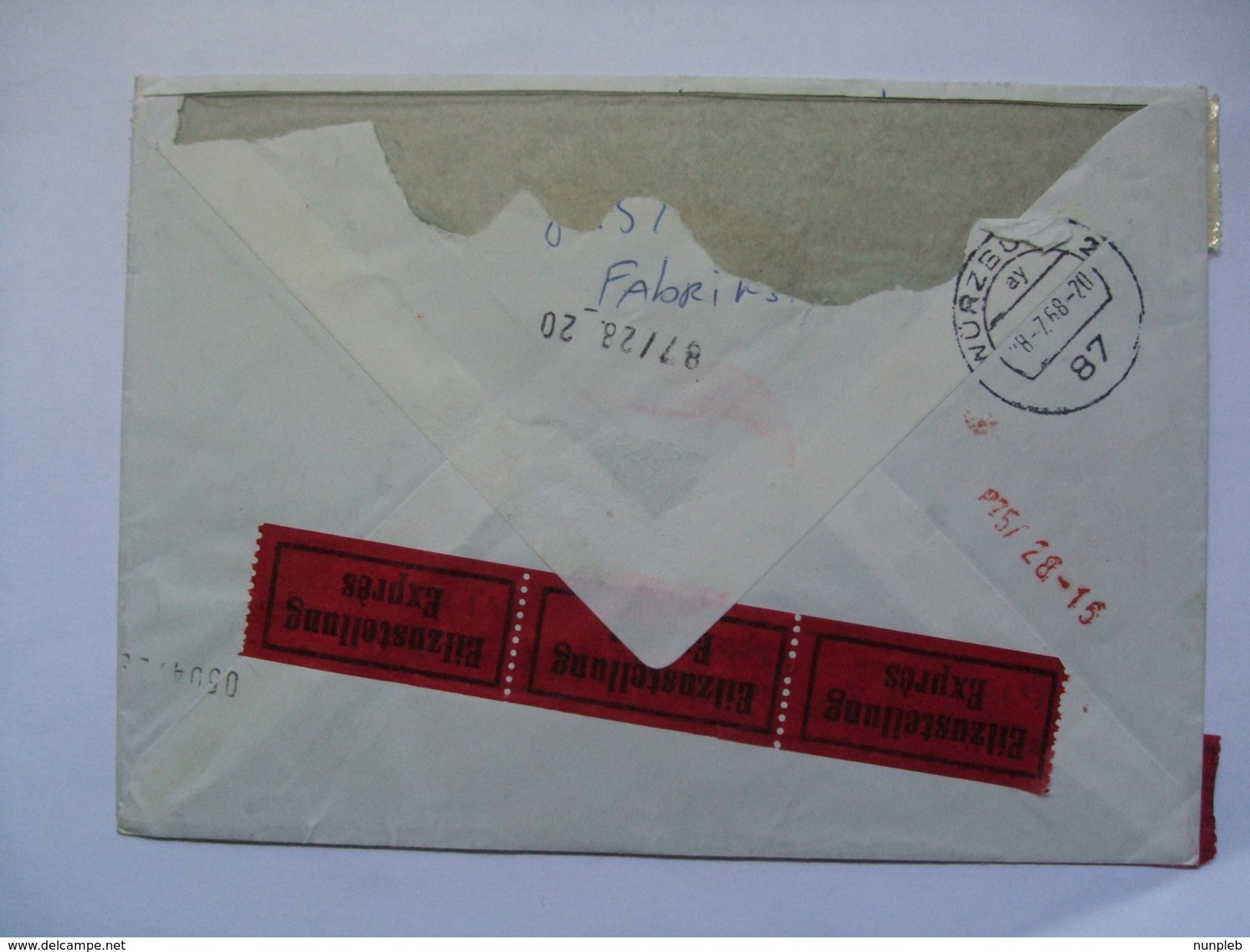 GERMANY 1968 Expres Cover With Nachgebuhr Cachet Aschaffenburg To Wurzburg - Covers & Documents