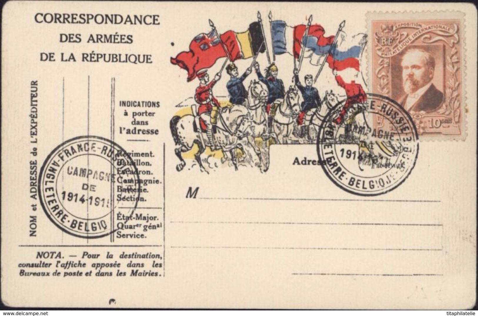 Guerre 14 Carte Drapeaux Armées De La République Cavalier Anglais Français Russe Serbe Vignette Expo Philatélique 1912 - WW I