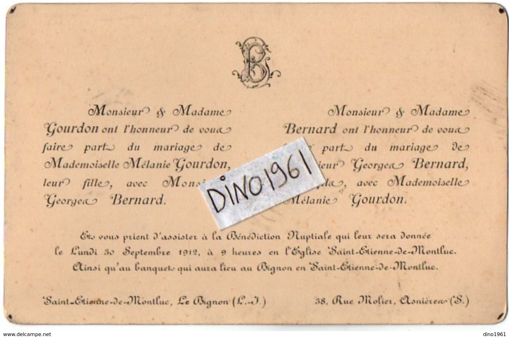VP11.245 - SAINT ETIENNE DE MONTLUC X ASNIERES - Faire - Part De Mariage De Mr G.BERNARD & Melle M. GOURDON - Boda