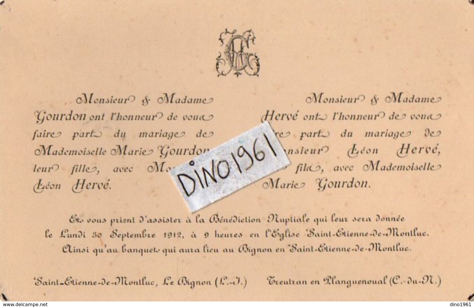 VP11.246 - SAINT ETIENNE DE MONTLUC X TREUTRAN - Faire - Part De Mariage De Mr L. HERVE & Melle M. GOURDON - Boda