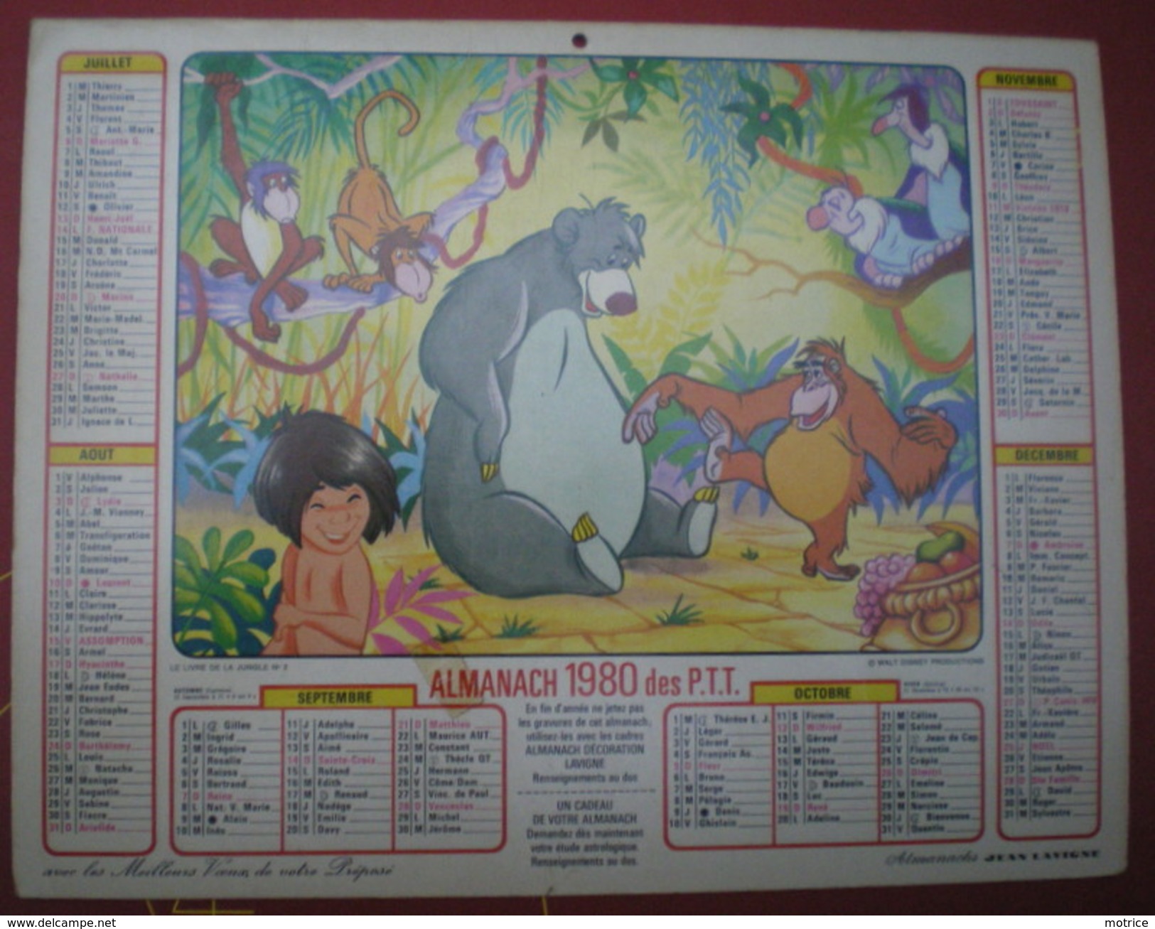 ALMANACH DES PTT (Jean Lavigne)  Année 1980, Walt Disney Production,Winnie L'ourson Et Le Livre De La Jungle N°2. - Grand Format : 1971-80