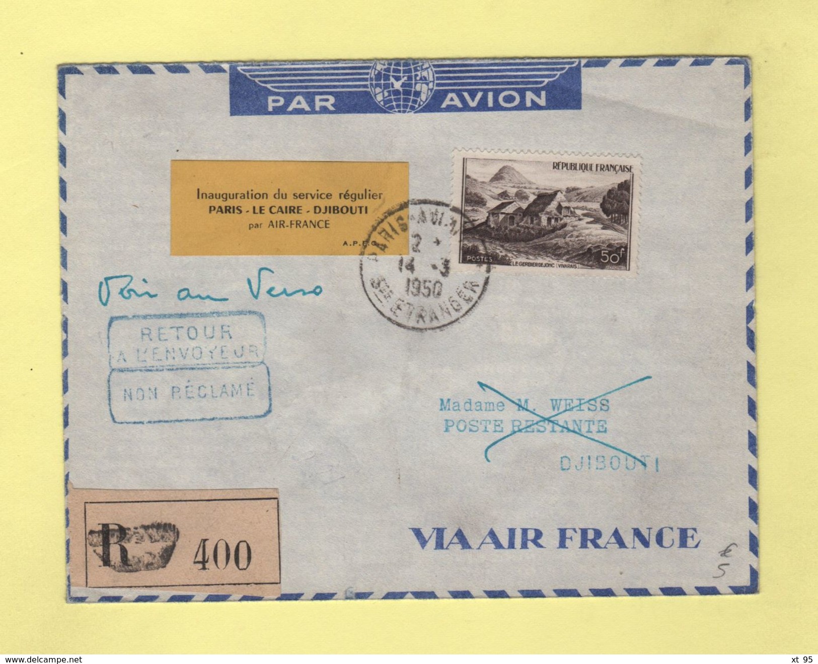 Inauguration Du Service Régulier Paris Le Caire Djibouti Par Air France - 14-3-1950 - 1960-.... Lettres & Documents