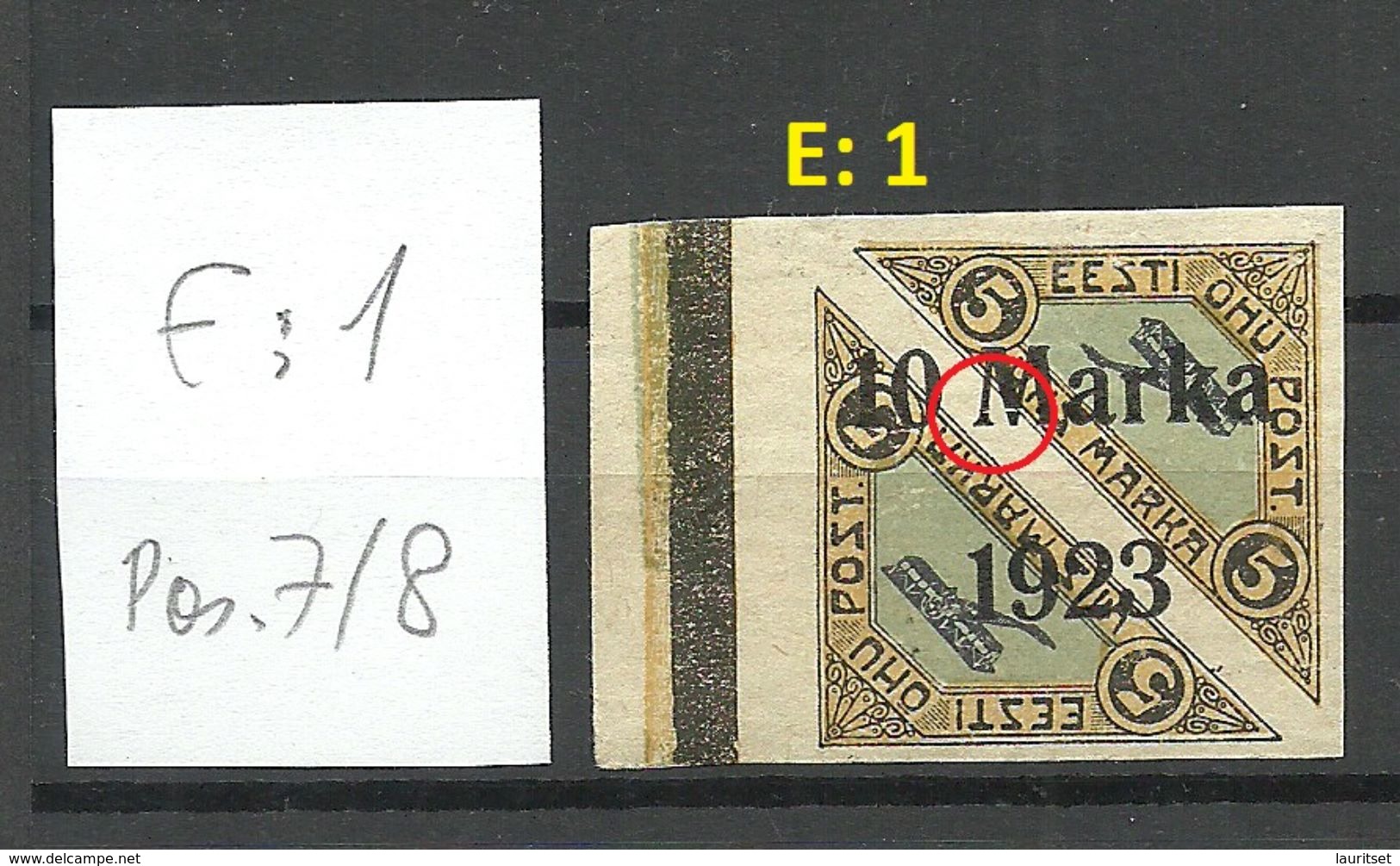 ESTLAND ESTONIA 1923 Michel 43 + Plate Error Abart E: 1 + Nice Margin * Signed K. Kokk - Estland