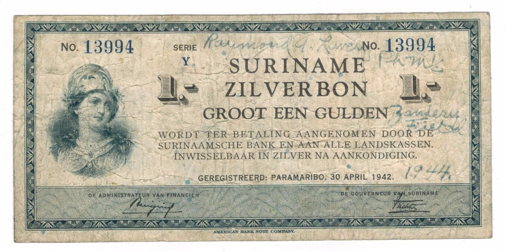 Suriname 1 Gulden , Zilverbon, 1942 , "short Snorter From 1944". F. Rare. - Surinam