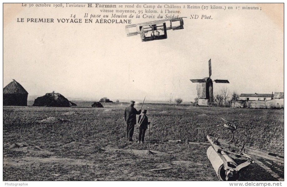 Aviation Camp De Chalons Henry Farman En Vol Moulin A Vent Ancienne Carte Postale CPA Vers 1908 - ....-1914: Precursori