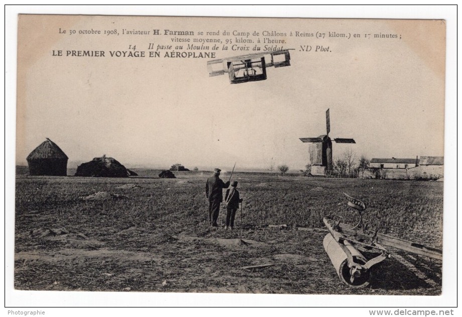 Aviation Camp De Chalons Henry Farman En Vol Moulin A Vent Ancienne Carte Postale CPA Vers 1908 - ....-1914: Précurseurs