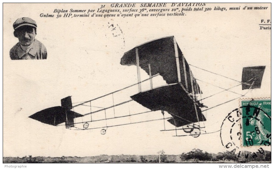 France Semaine D'Aviation Legagneux Sur Biplan Sommer Ancienne Carte Postale CPA Vers 1910 - ....-1914: Précurseurs