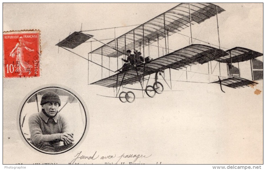 France Aviation Auguste Junod Avec Passager Biplan Farman Ancienne Carte Postale CPA Vers 1911 - ....-1914: Précurseurs