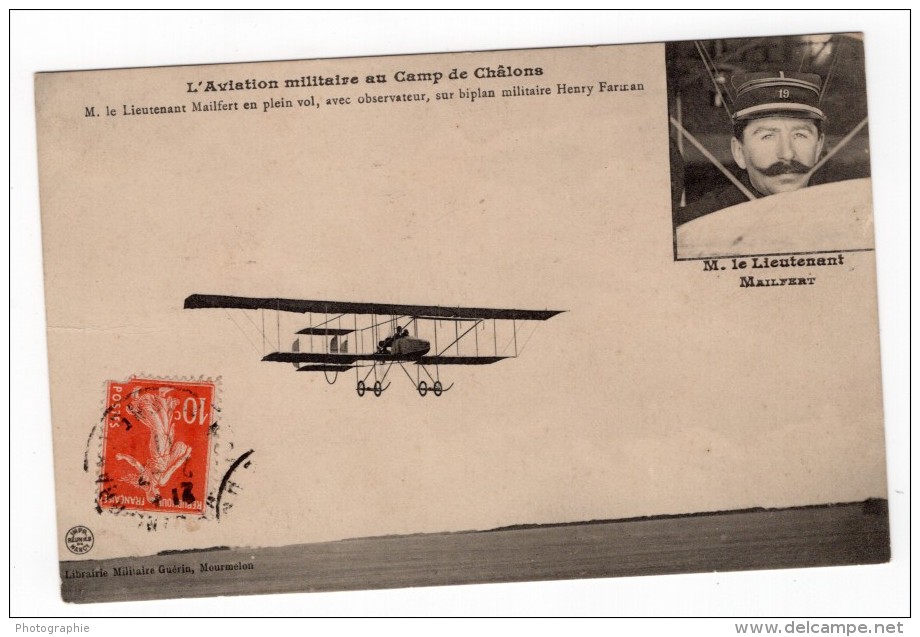 Camp De Chalons Aviation Lieutenant Mailfert Sur Biplan Farman Ancienne Carte Postale CPA Vers 1911 - ....-1914: Precursors