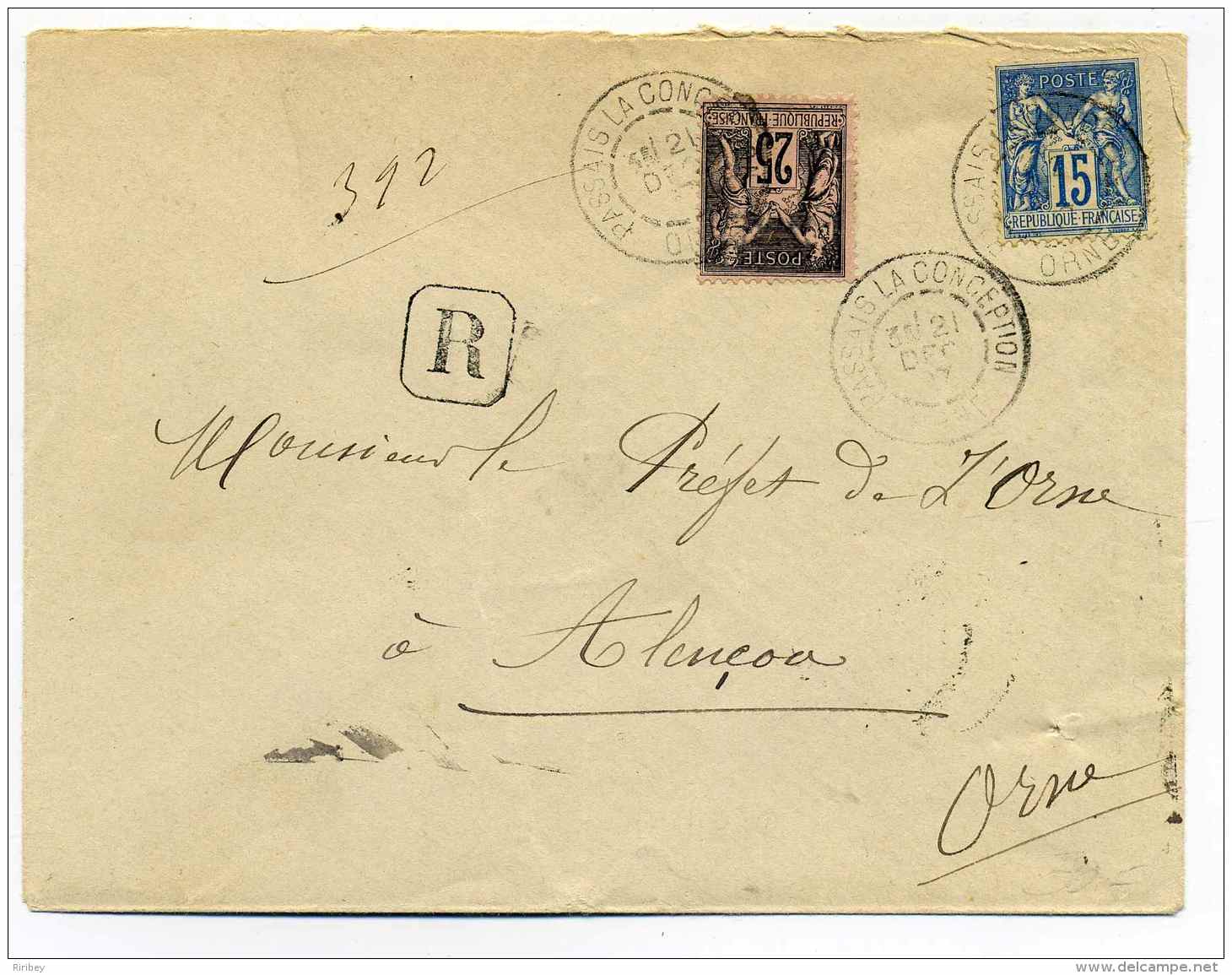 Lettre Rec De PASSAY LA CONCEPTION   Dept De L'ORNE / 1897 / Aff Composé Au Type SAGE - 1877-1920: Semi Modern Period