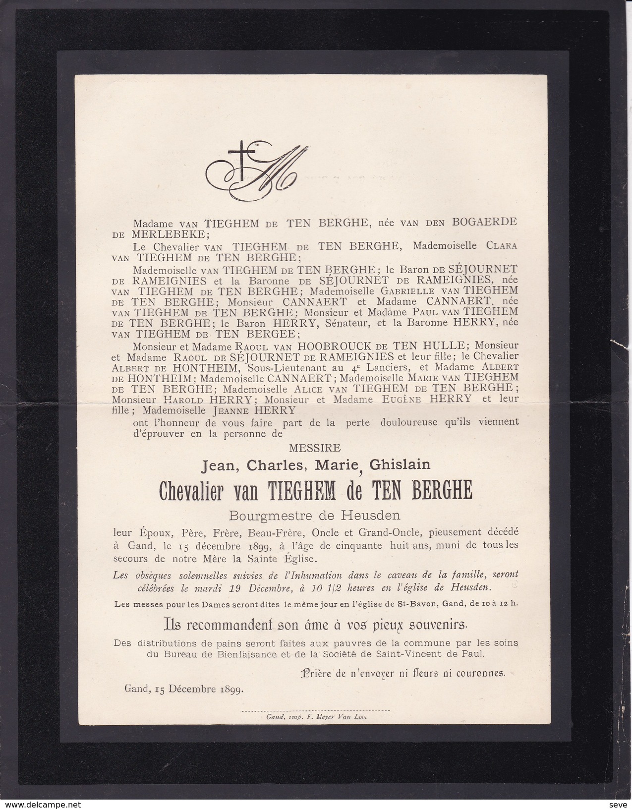 HEUSDEN Jean Chevalier Van TIEGHEM De TEN BERGHE Burgemeester 58 Ans 1899 Doodsbrief Gand - Todesanzeige