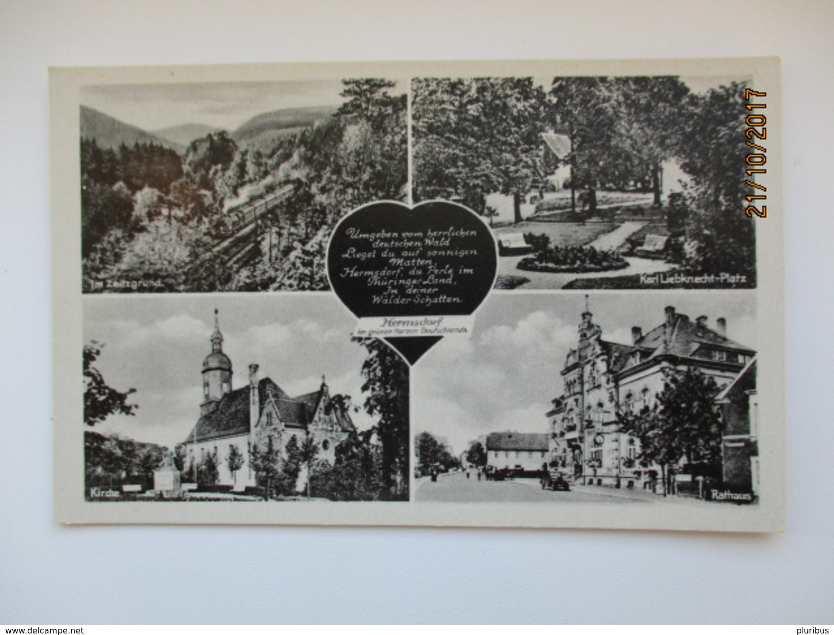 HERMSDORF MULTIVIEW , TRAIN RAILWAY LOCOMOTIVE , KIRCHE RATHAUS LIEBKNECHT PLATZ  , OLD POSTCARD , RA - Hermsdorf