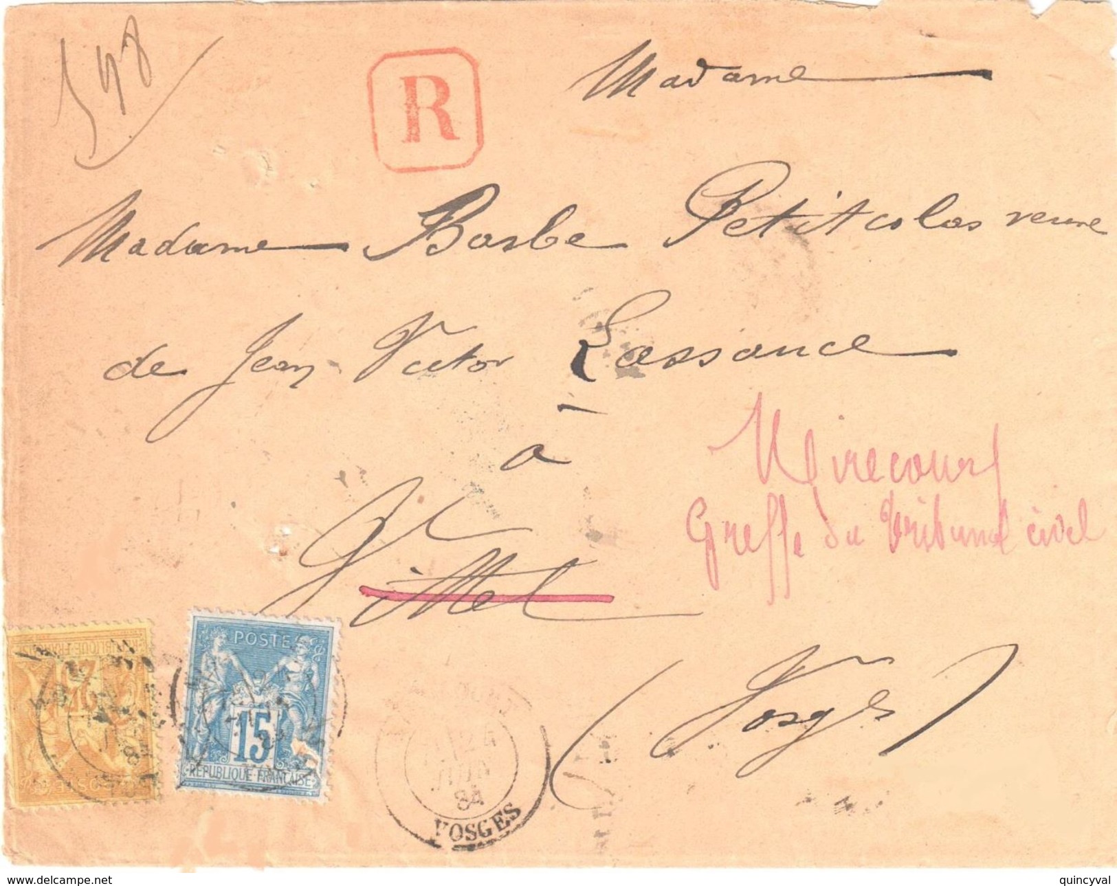 4216 MIRECOURT Vosges Lettre Recommandée Sage 15 C Bleu 25c Jaune Yv 90 92 Réexpéditions Verso Vittel Décédé  Ob 1884 - 1876-1898 Sage (Tipo II)