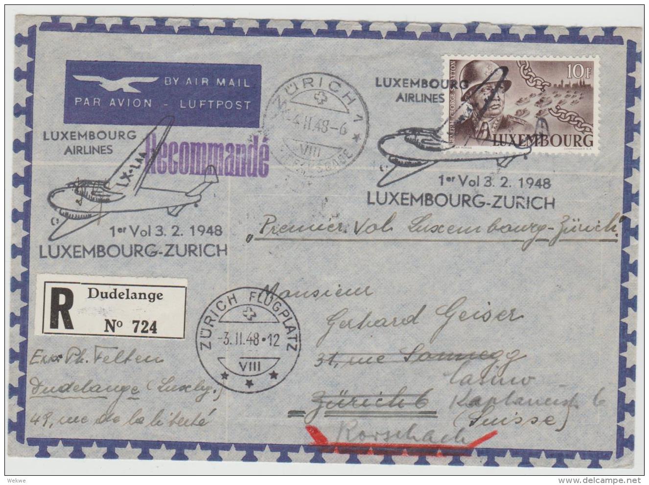 Lux143 / LUXEMBURG -  EF General Patton 10 F. Auf Postflugbeleg Nach Zürich 3.2.48 Und Weiter Nach Rorschach - Covers & Documents