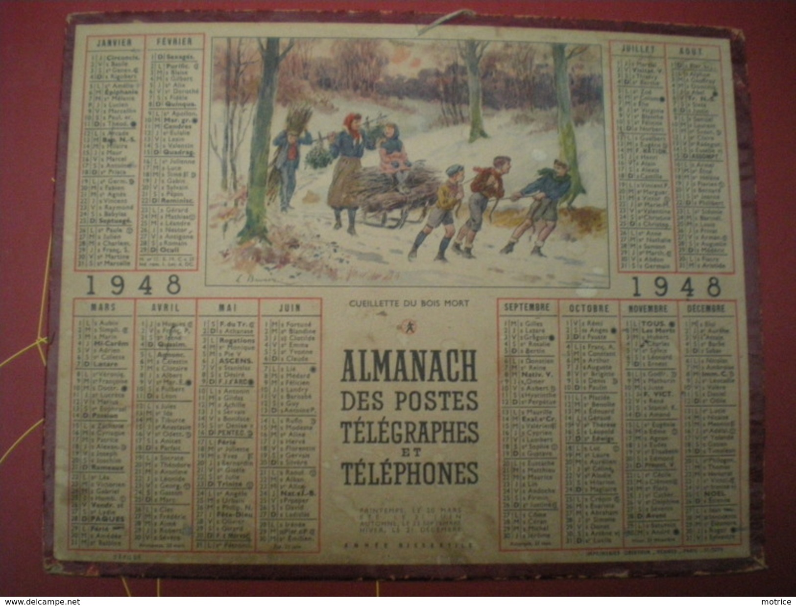 ALMANACH DES POSTES ET DES TÉLÉGRAPHES (oberthur) 1948 -  Enfants Dans Un Paysage De Neige.cueillette Du Bois Mort. - Grand Format : 1941-60