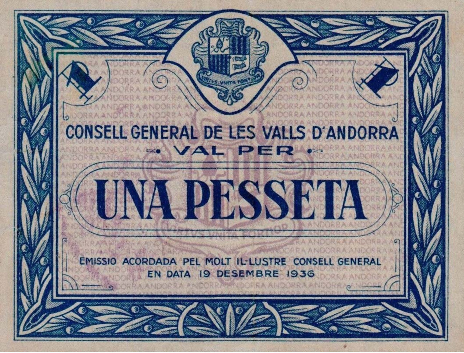 ANDORRA 1 Pessets  1936 1938  Blue Color  - REPRODUCTION - Andorre