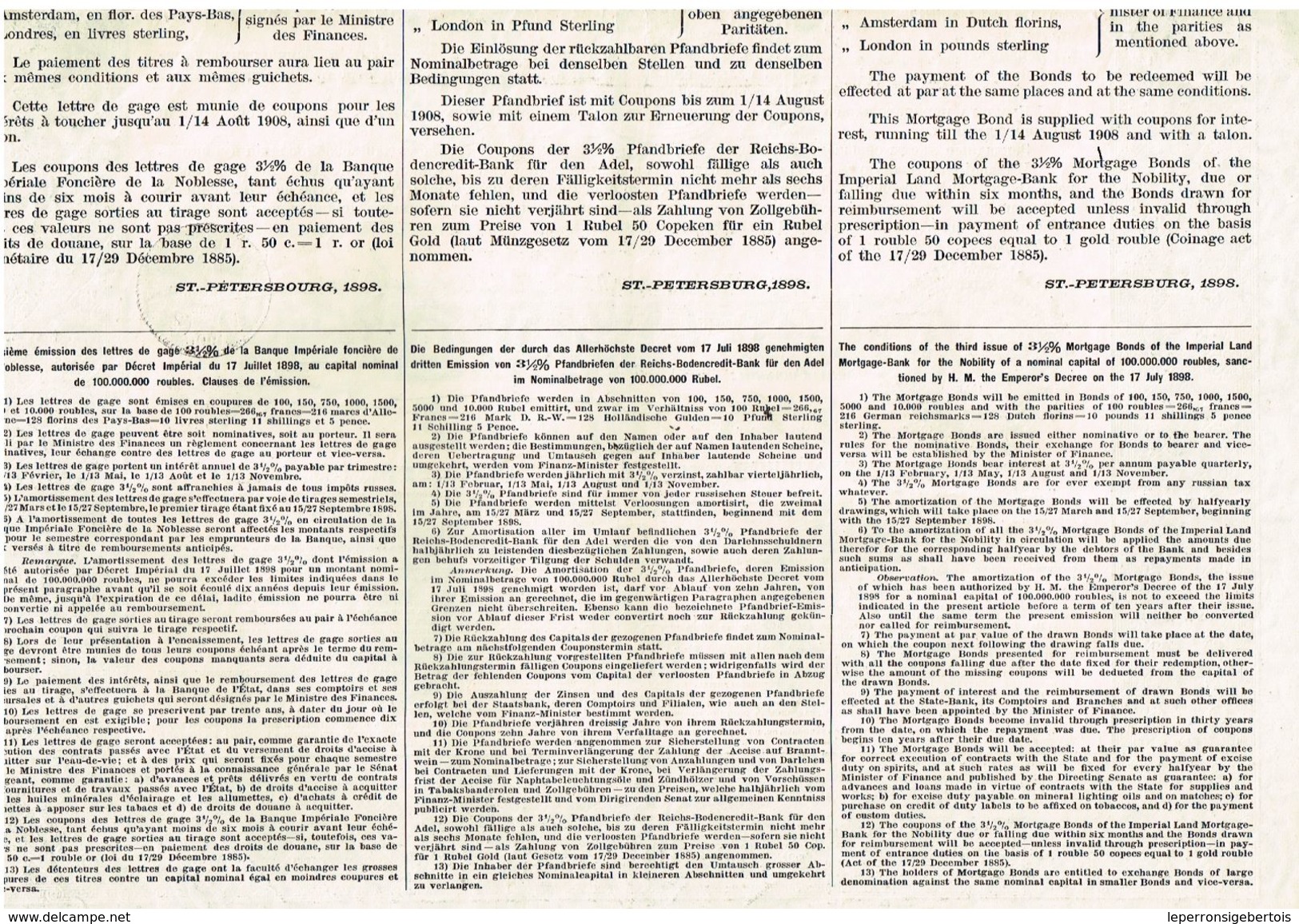 Obligation Ancienne - Gouvernement Impérial De Russie - Banque Impériale Foncière De La Noblesse - Titre De 1898 - Russie