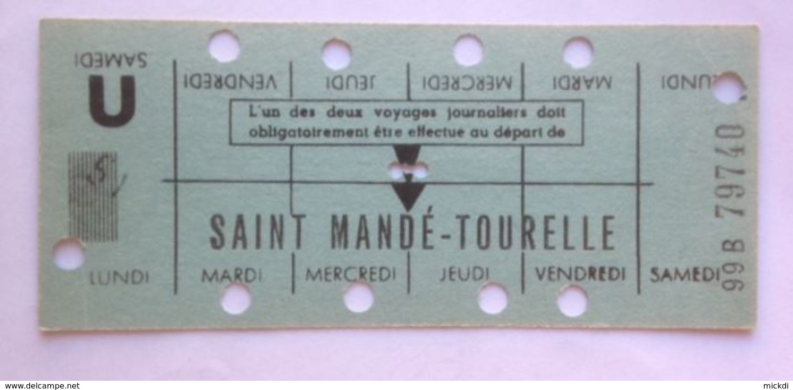 RATP METRO SAINT MANDE-TOURELLE - CARTE HEBDOMADAIRE ELEVE OU ETUDIANT - LIGNE 1 - Europe