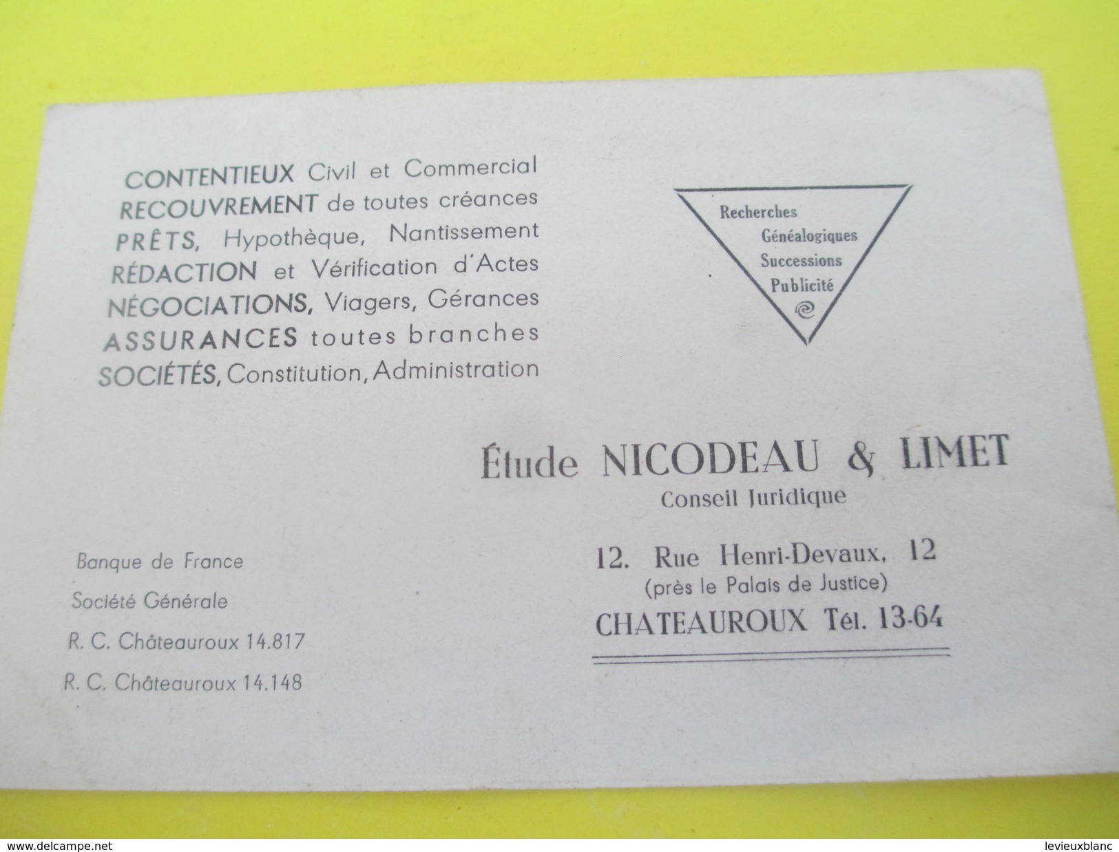 Carte Commerciale/Etude NICODEAU & LIMET/Contentieux, Recouvrement, Prêts/Chateauroux/ / Vers 1930-1950      CAC25 - Banco & Caja De Ahorros