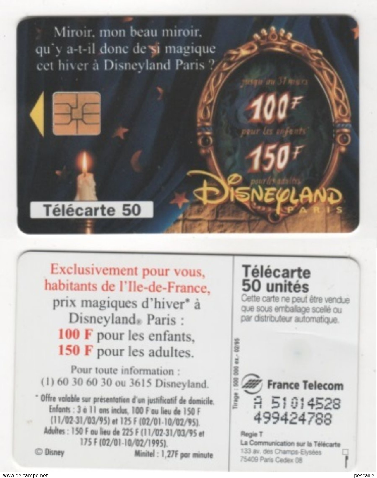 TELECARTE 50 DISNEYLAND PARIS - MIROIR MON BEAU MIROIR  - 02 95 TIRAGE 500 000 EX - Disney