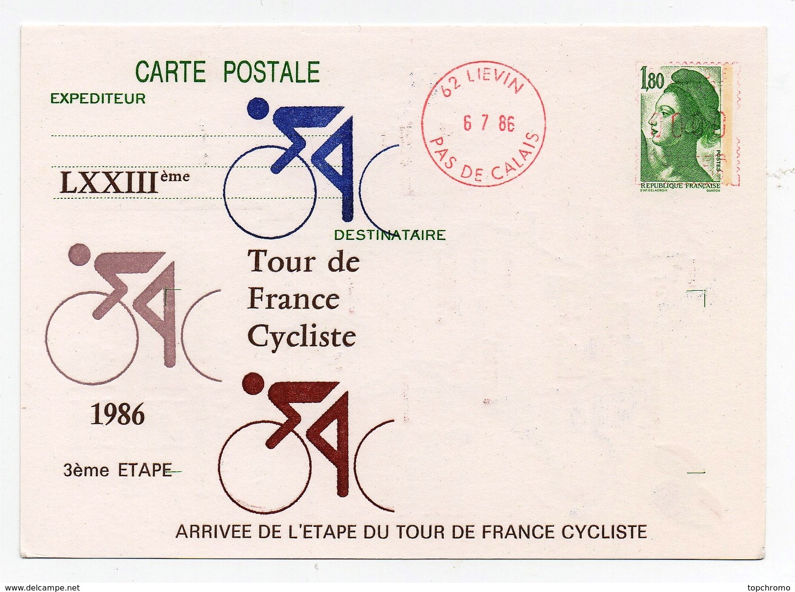 LXXIIIème Tour De France Cycliste 1986 3ème étape Liévin 6-7-1986 Oblitération 1er Jour Arrivée étape - Cycling