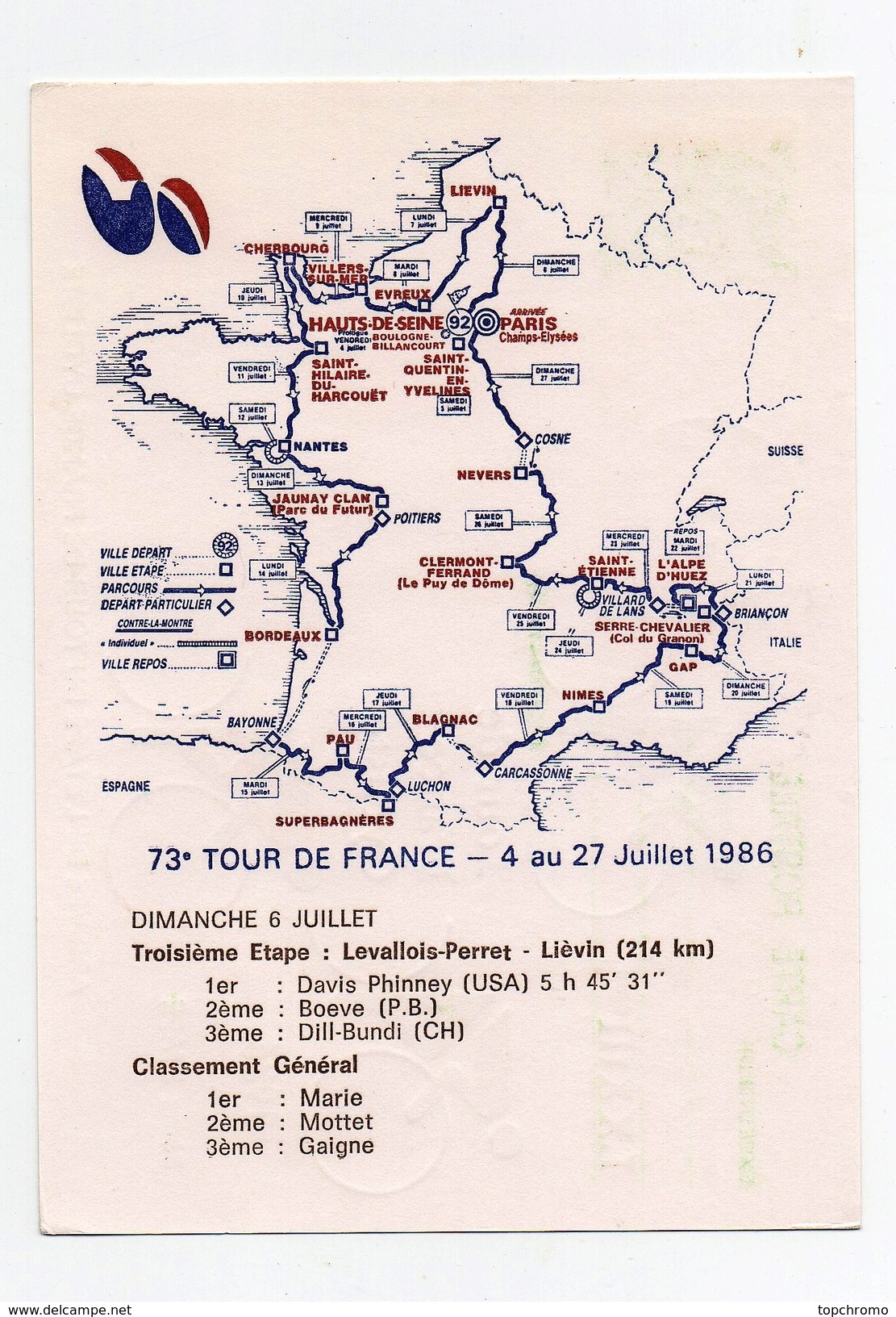 LXXIIIème Tour De France Cycliste 1986 3ème étape Liévin 6-7-1986 Oblitération 1er Jour Arrivée étape - Cycling