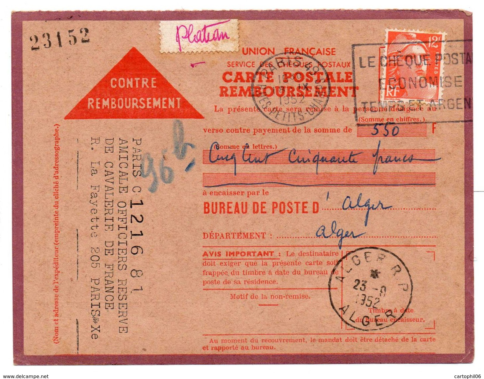 - FRANCE - CARTE POSTALE REMBOURSEMENT PARIS Pour ALGER 18.9.1952 - 12 F. Orange Marianne De Gandon - - Covers & Documents