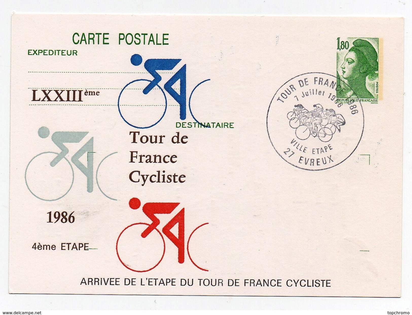 LXXIIIème Tour De France Cycliste 1986 4ème étape Evreux 7-7-1986 Oblitération 1er Jour Arrivée étape - Cycling