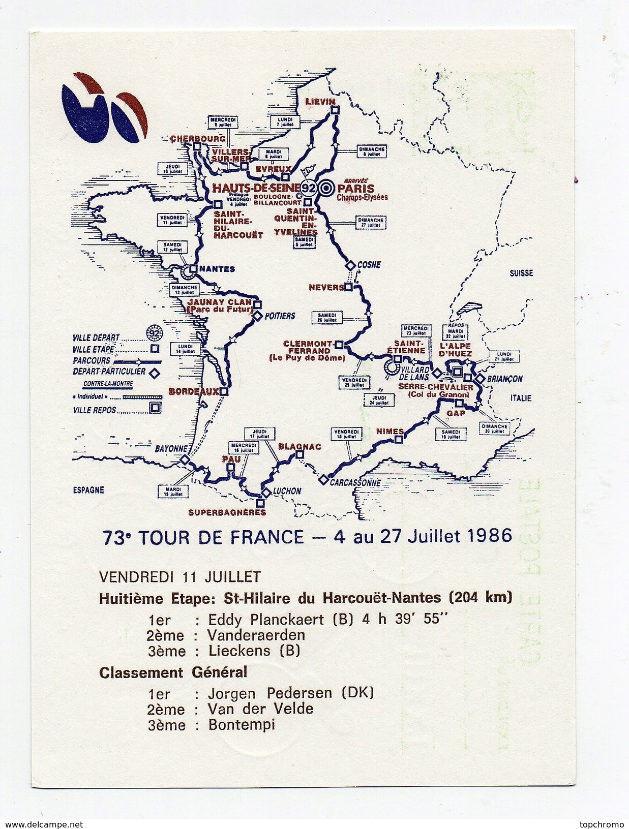 LXXIIIème Tour De France Cycliste 1986 8ème étape Nantes 11-7-1986 Oblitération 1er Jour Arrivée étape - Cycling