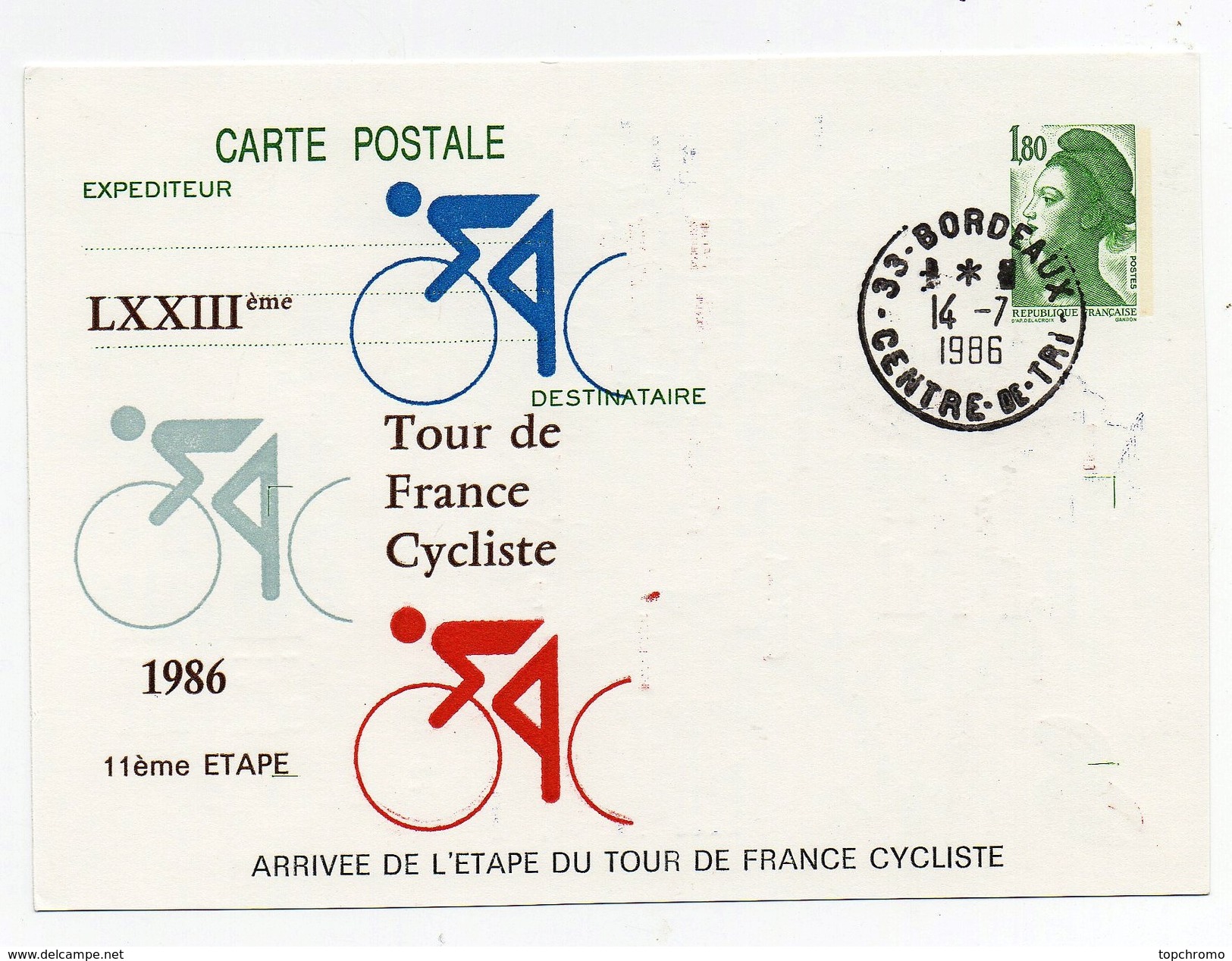 LXXIIIème Tour De France Cycliste 1986 11ème étape Bordeaux 14-7-1986 Oblitération 1er Jour Arrivée étape - Cycling