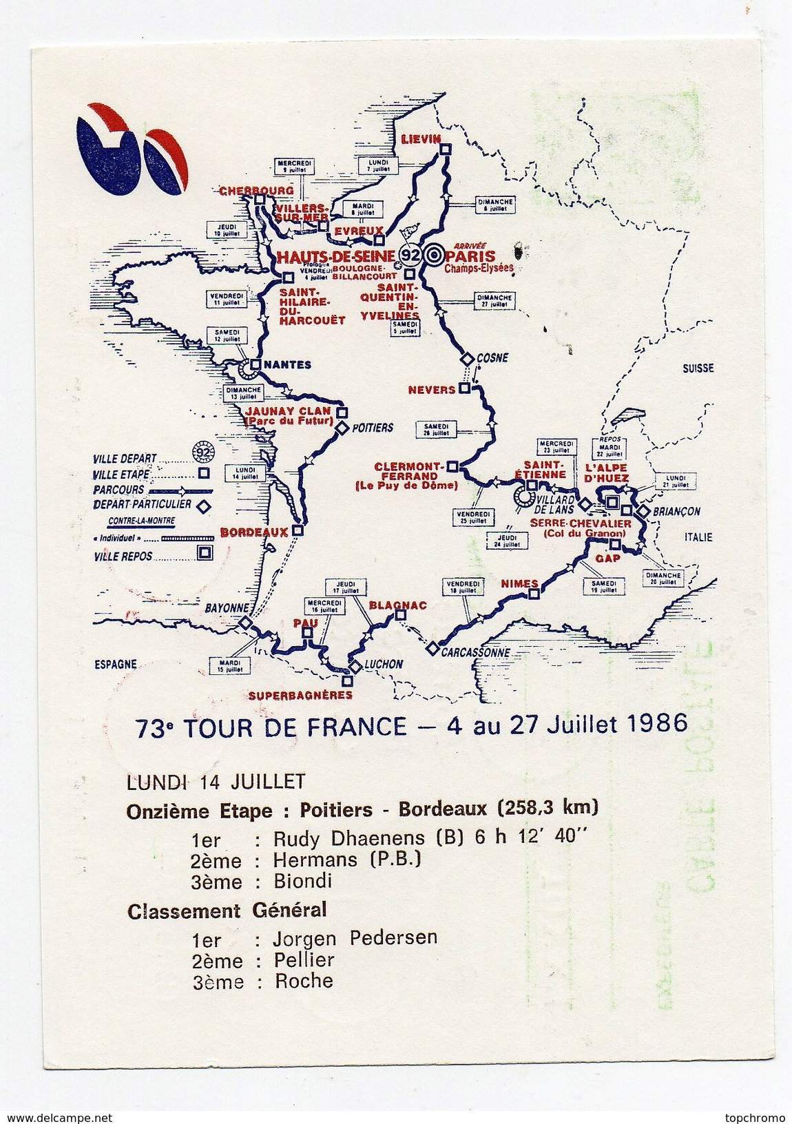 LXXIIIème Tour De France Cycliste 1986 11ème étape Bordeaux 14-7-1986 Oblitération 1er Jour Arrivée étape - Cycling