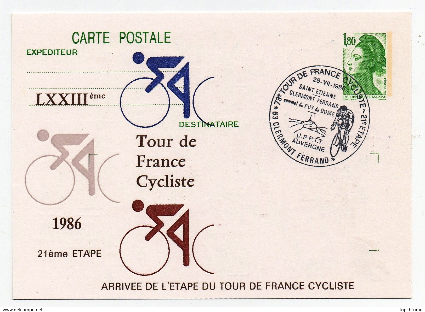 LXXIIIème Tour De France Cycliste 1986 21ème étape Clermont-Ferrand 25-7-1986 Oblitération 1er Jour Arrivée étape - Cycling