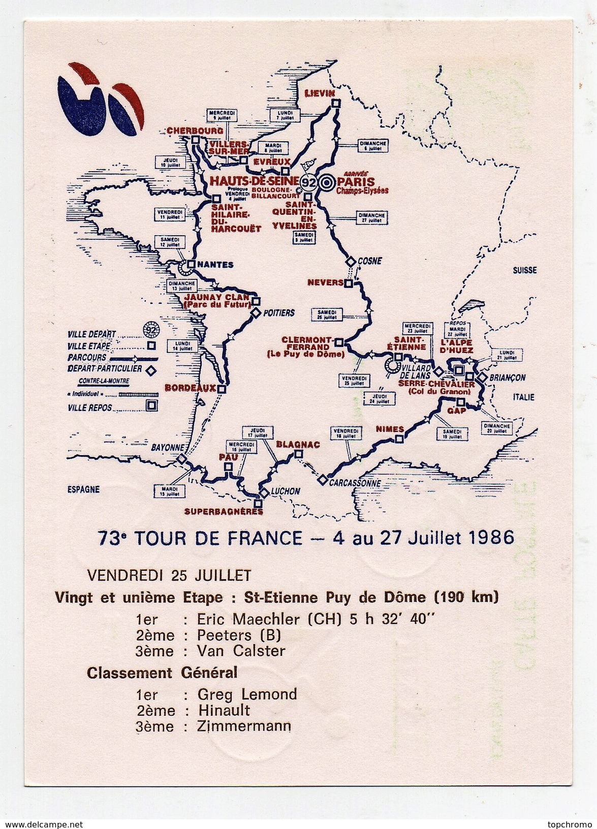 LXXIIIème Tour De France Cycliste 1986 21ème étape Clermont-Ferrand 25-7-1986 Oblitération 1er Jour Arrivée étape - Cycling