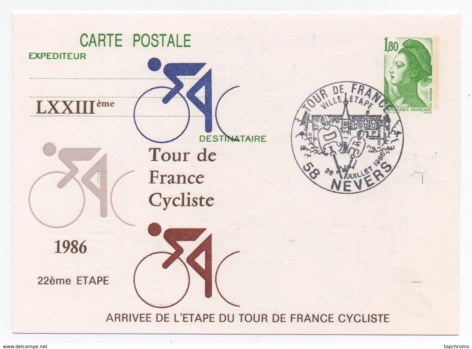 LXXIIIème Tour De France Cycliste 1986 22ème étape Nevers 26-7-1986 Oblitération 1er Jour Arrivée étape - Cycling