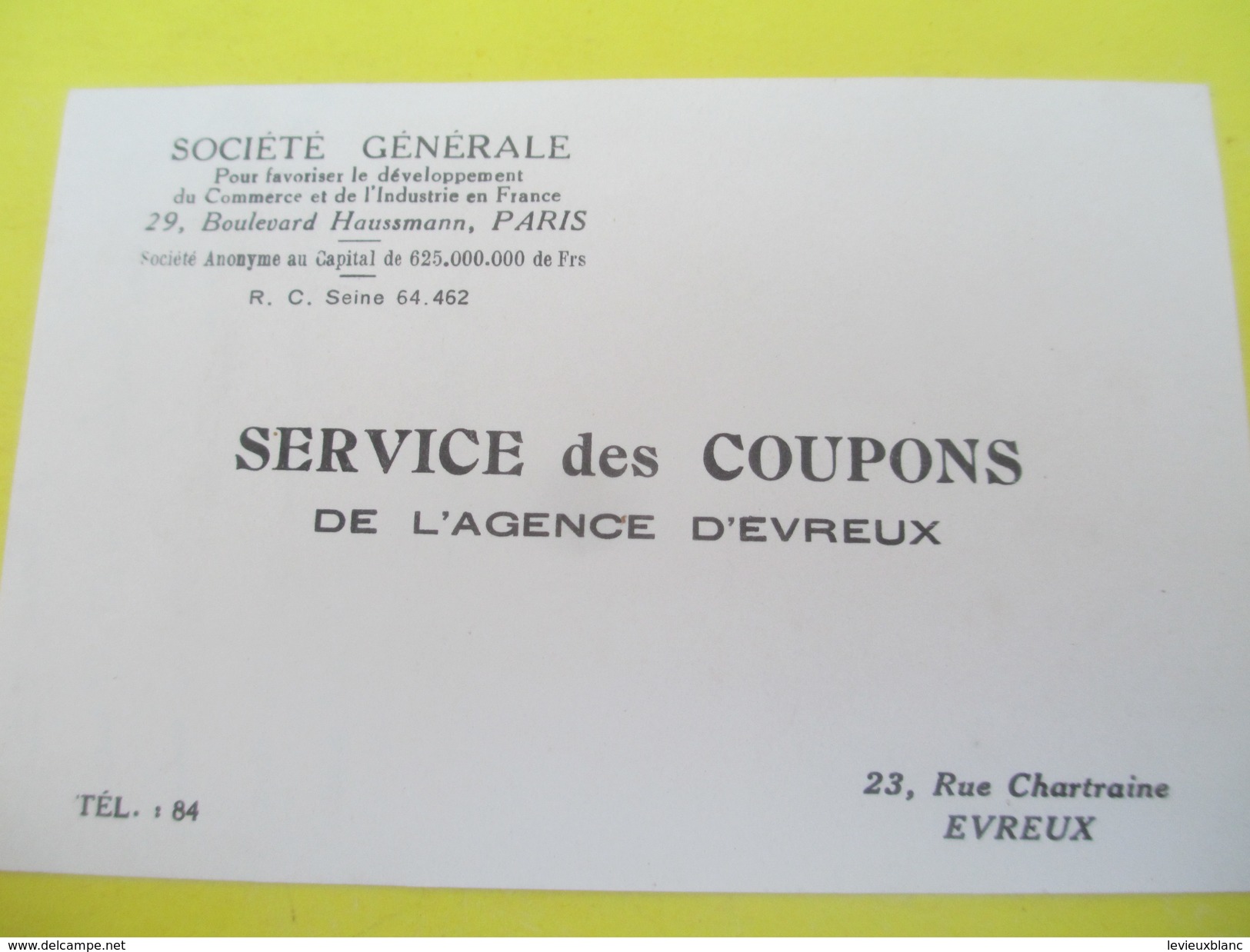 Carte Commerciale/Banque /Service Des Coupons /Société Générale / Agence D'EVREUX//1939   CAC37 - Bank & Insurance