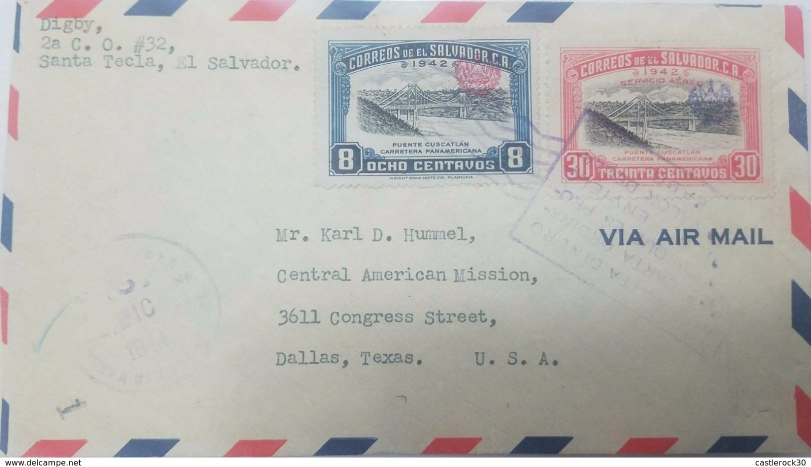 L) 1944 EL SALVADOR, PANAMERICAN'S HIGHWAY, CUSCATLAN BRIDGE, 1942, 8 CENTS, 30 CENTS, AIR MAIL, CIRCULATED COVER FROM - El Salvador