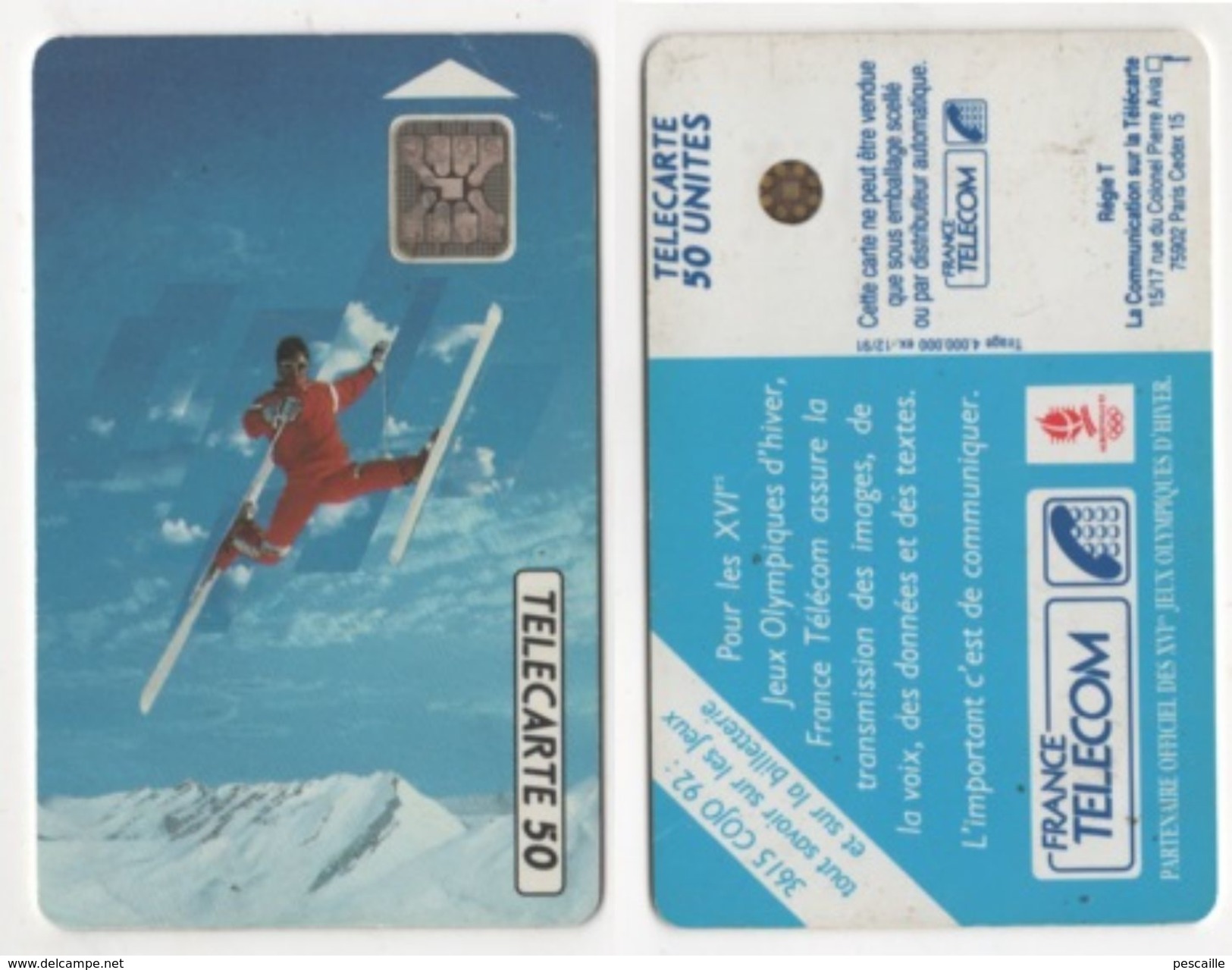 TELECARTE 50 UNITES FRANCE TELECOM PARTENAIRE XVIe JEUX OLYMPIQUES D'HIVER ALBERTVILLE 1992 - 12 91 TIRAGE 4 000 000 EX - Jeux Olympiques