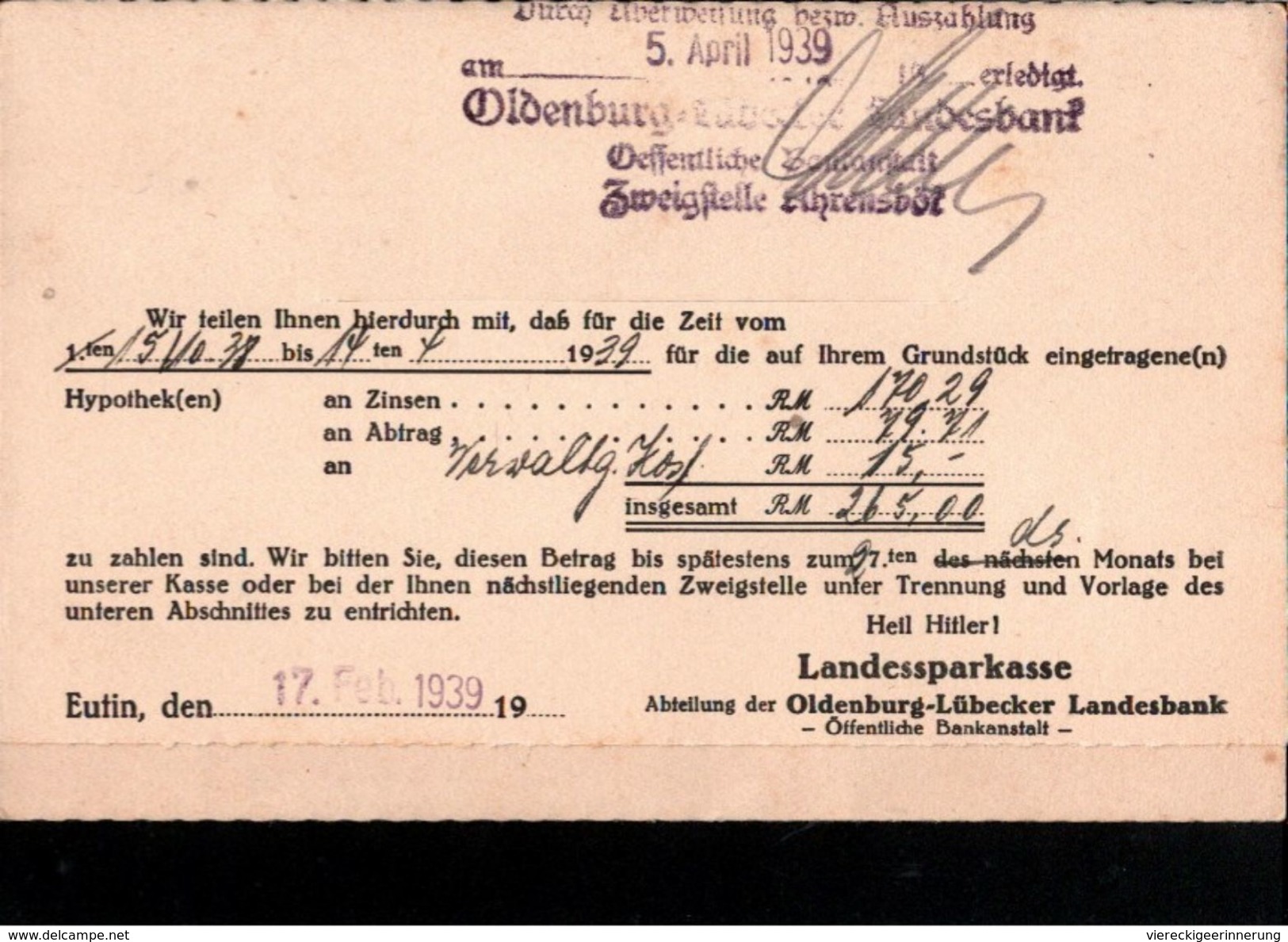 ! 1939 Drucksache Aus Ahrensbök, Sparkasse, Landesbank, Eutin, Bank, Schleswig-Holstein - Briefe U. Dokumente