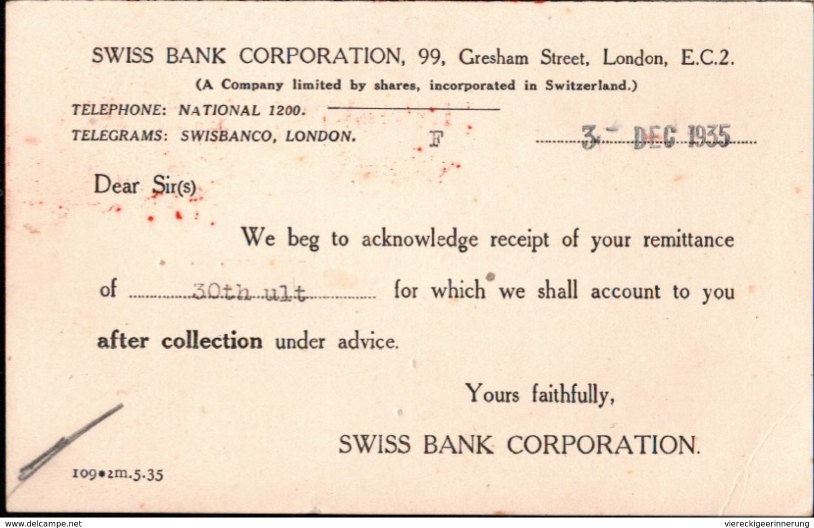 ! 1935 London, Swiss Bank Corporation - Maschinenstempel (EMA)