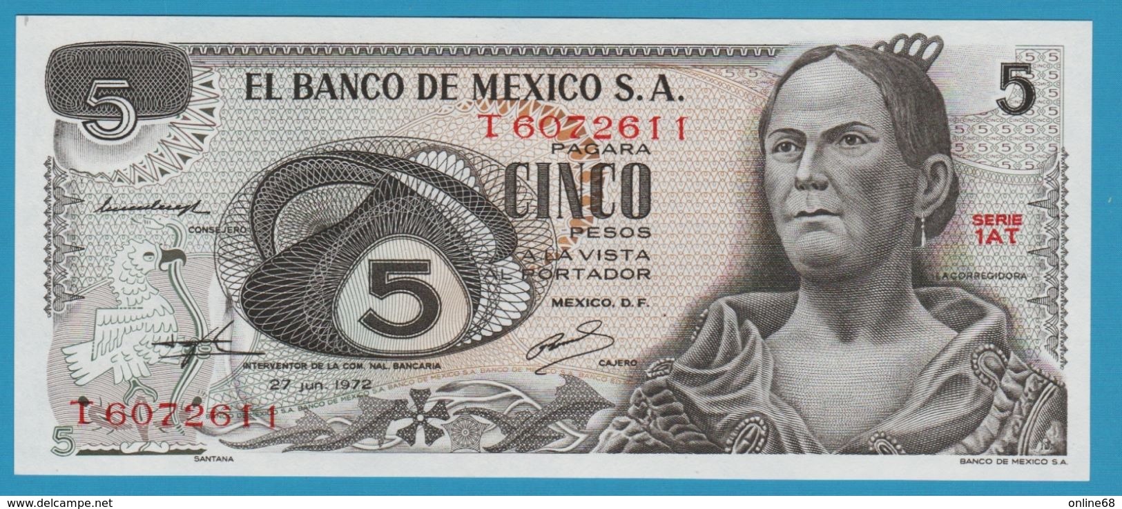 MEXICO 5 Pesos 27.06.1972 Serie# 1AT T6072611  P# 62c - México