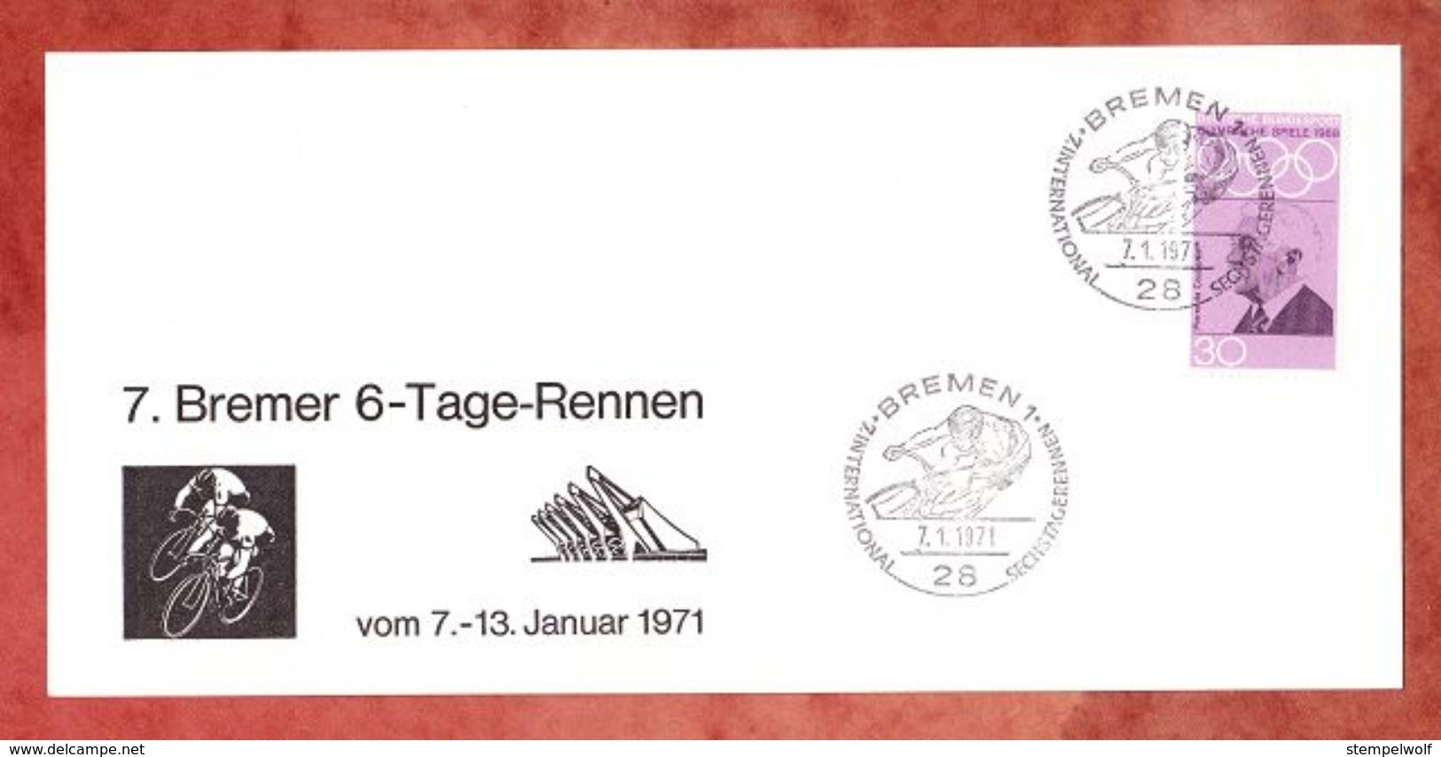 Schmuckkarte, EF Pierre De Coubertin, SoSt 6-Tage-Rennen Bremen 1971 (42802) - Ciclismo