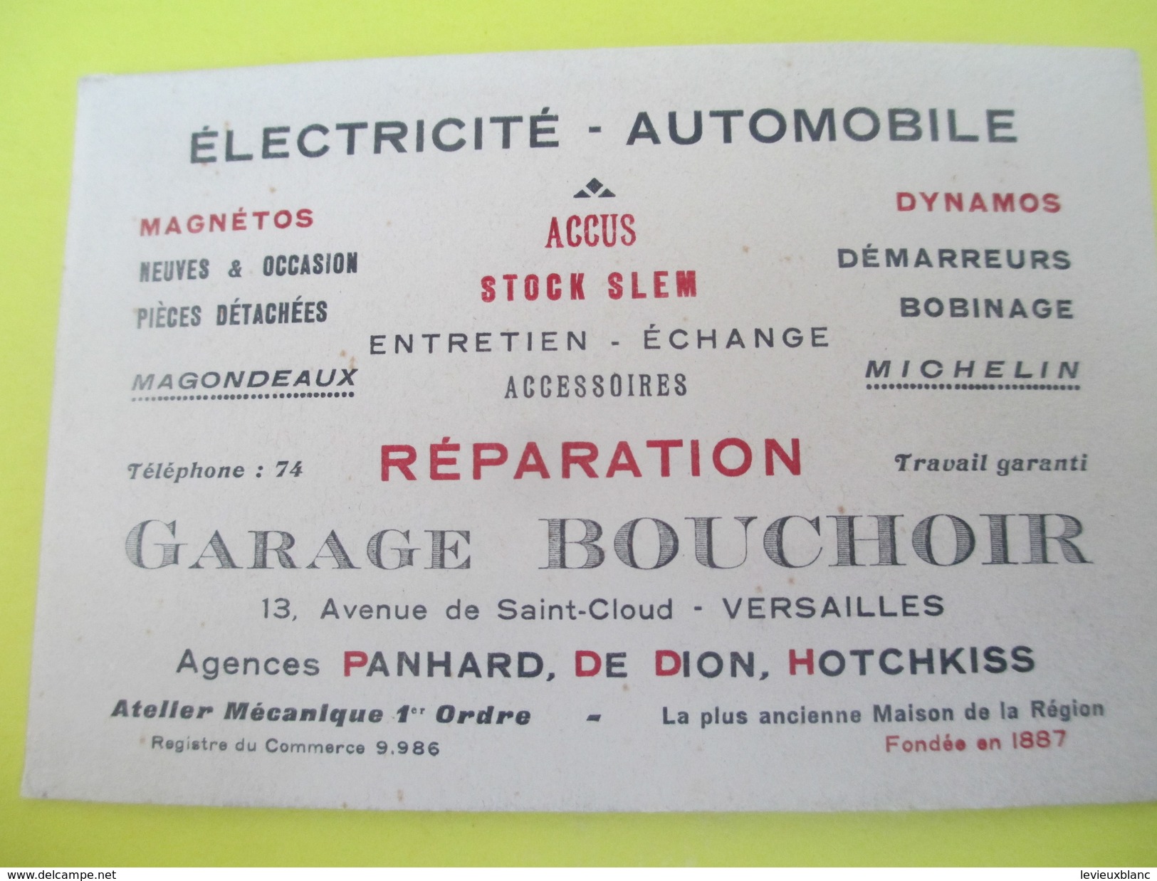 Carte Commerciale/Electricité Automobile/Garage BOUCHOIR/Panhard De Dion Hotchkiss/Michelin/VERSAILLES/vers1910-30 CAC85 - Automobilismo