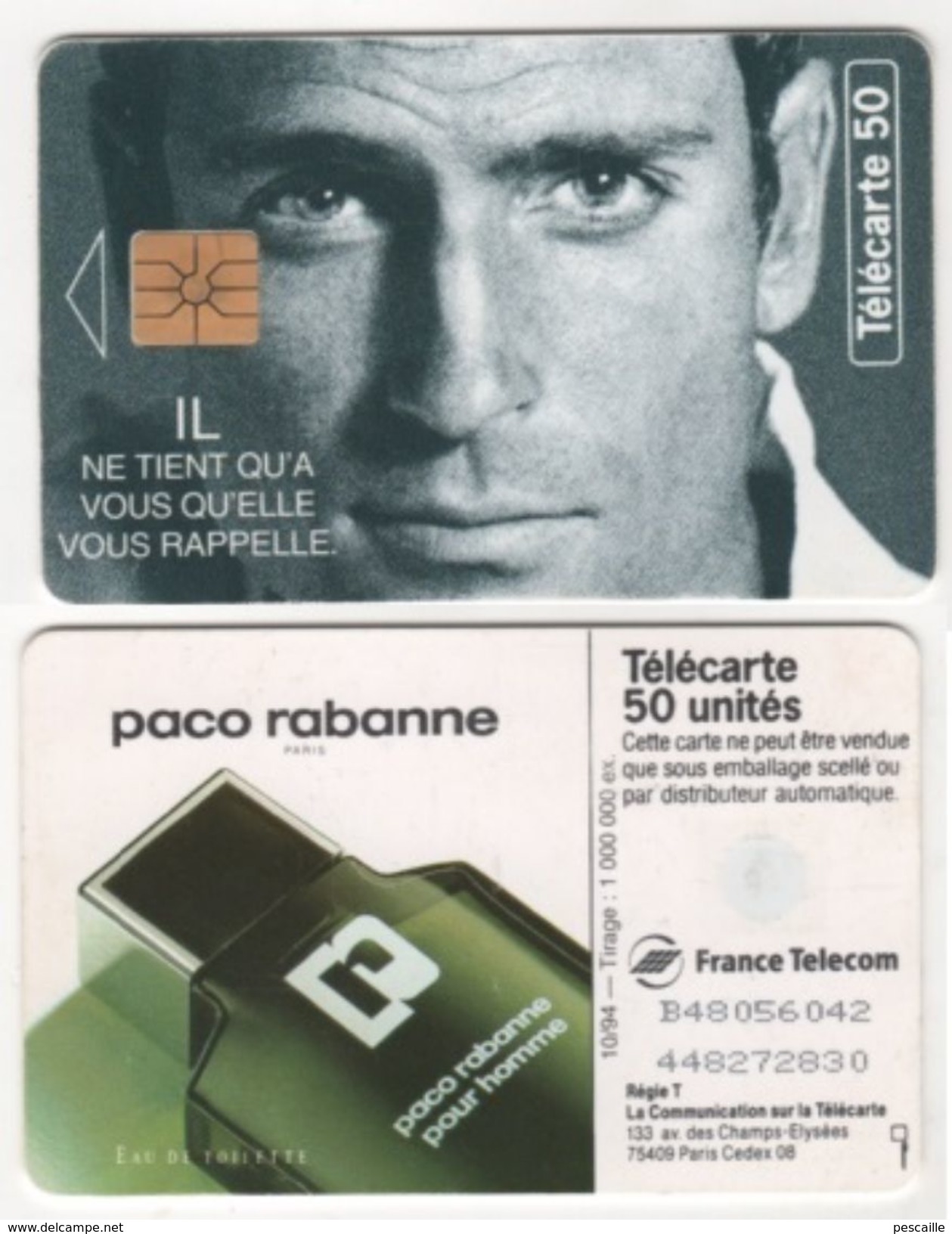 TELECARTE 50 UNITES PARFUM EAU DE TOILETTE PACO RABANNE POUR HOMME - 10 94 - 1 000 000 EX - Perfumes